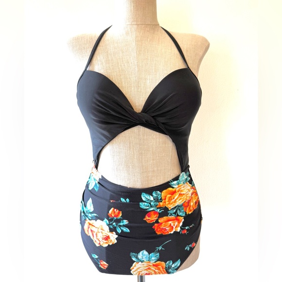 Cupshe Other - Cupshe Black Floral Print Halter Lace-Up Tummy Control One Piece Swimsuit